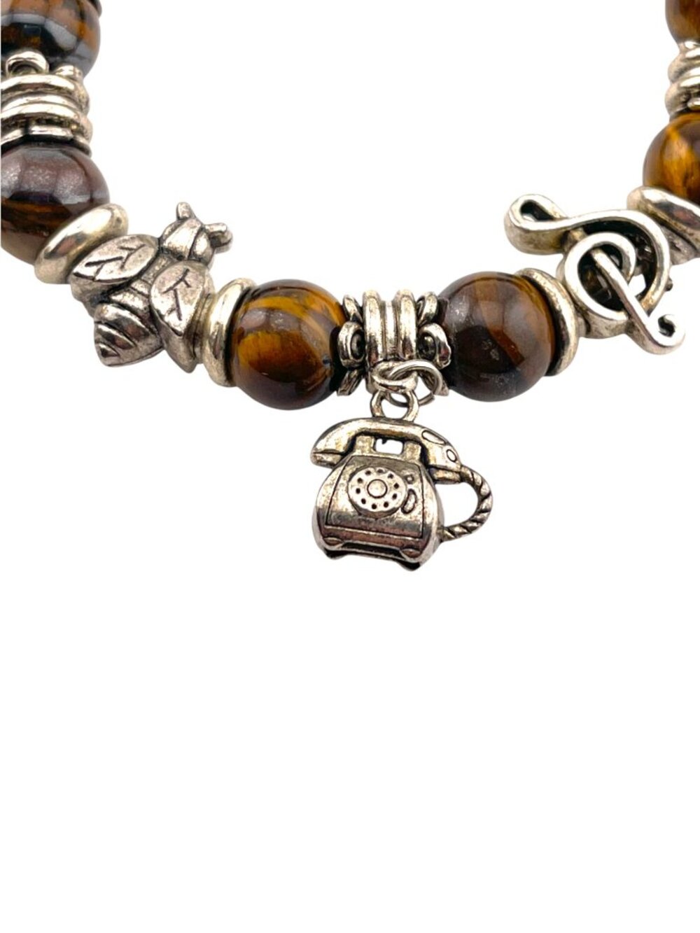 Tiger’s Eye Charm Bracelet Boho Stretch Beaded Silver Tone Mermaid Clover - Picture 7 of 11
